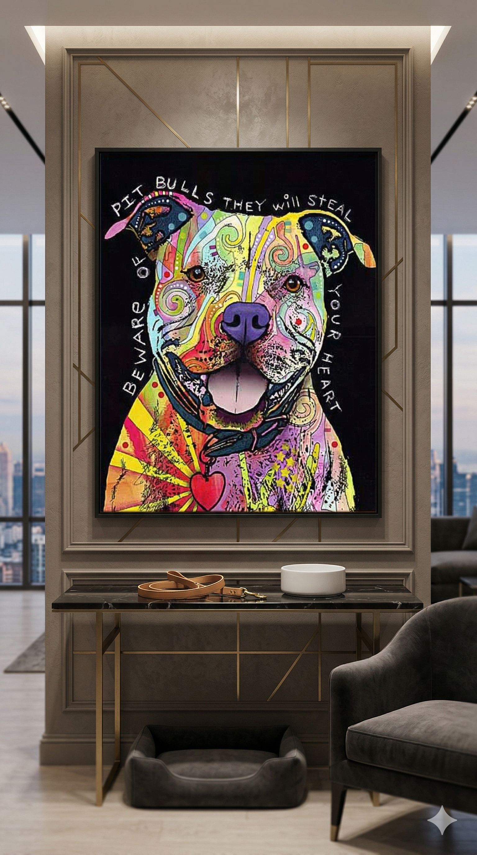 BEWARE OF PIT BULLS COLORFUL  FRAMED CANVAS WALL ART (33.5