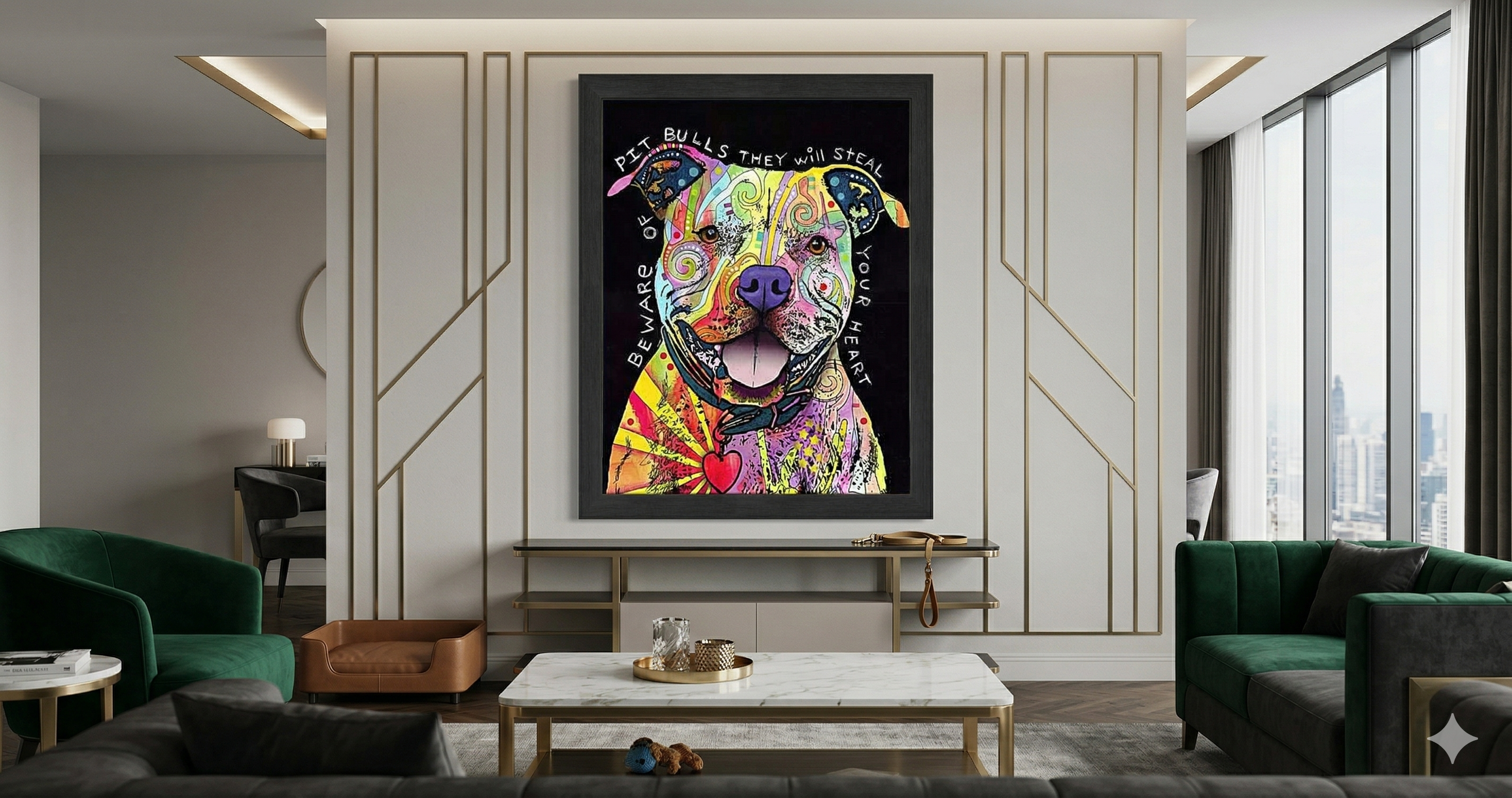 BEWARE OF PIT BULLS COLORFUL  FRAMED CANVAS WALL ART (33.5