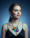 Geometric Statement Jewelry Set, Necklace & Earrings, Turquoise, Purple & Yellow