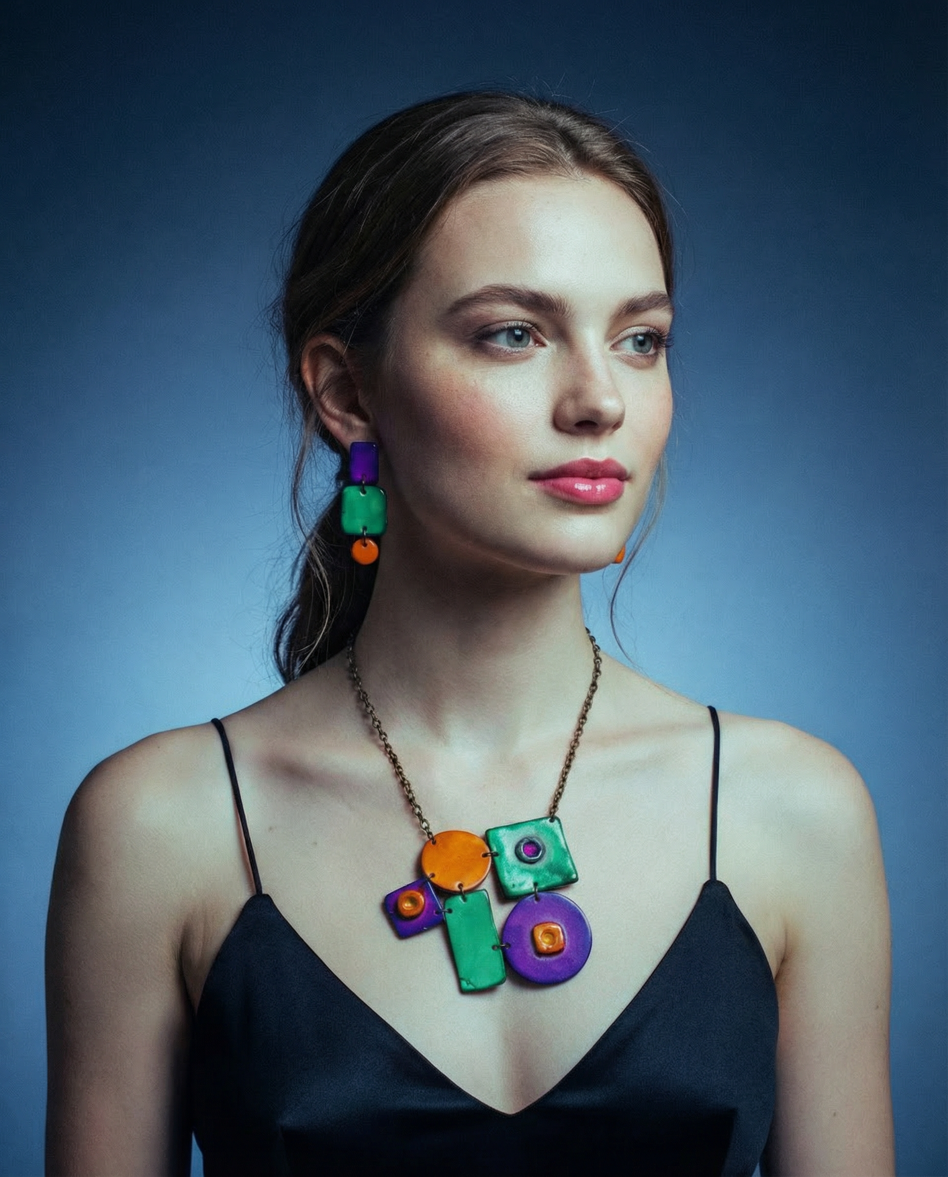 Geometric Statement Jewelry Set, Necklace & Earrings, Turquoise, Purple & Yellow