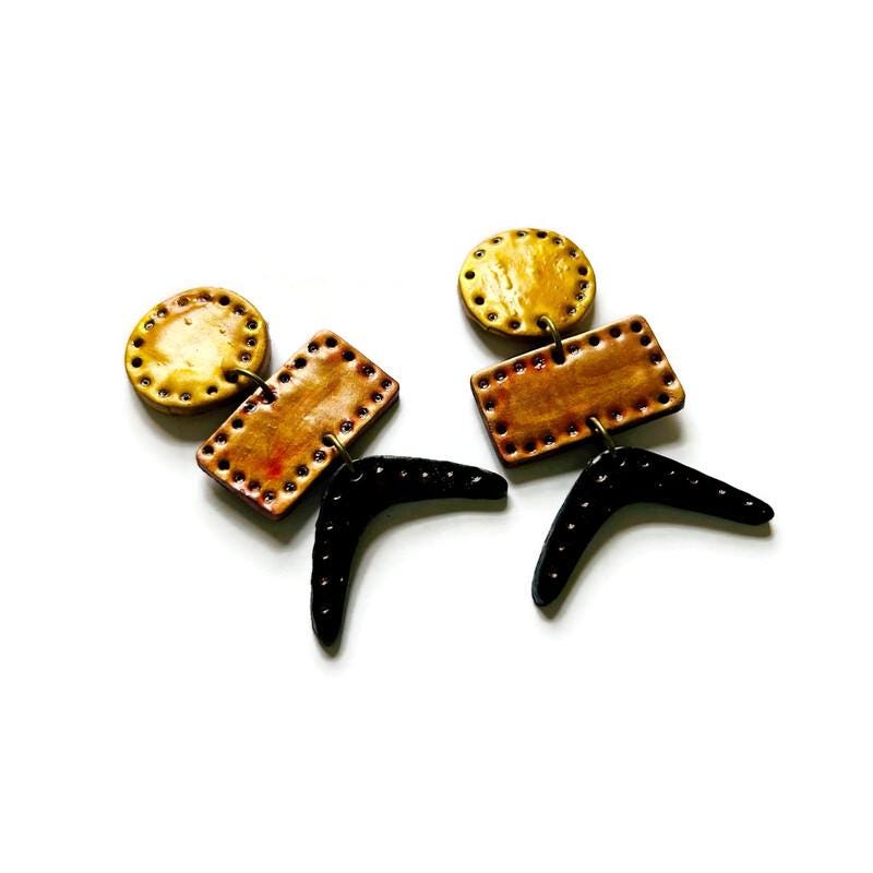 Edgy Geometric Earrings in Gold, Copper & Black with Post or Clip On