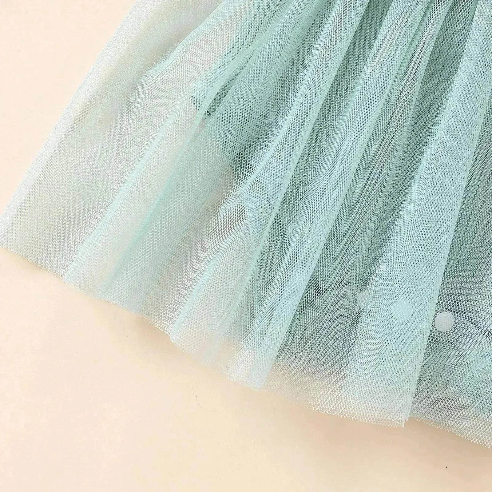 Girls' Multi-color Mesh Flounced Sleeve Short Sleeved Kazakhstan Dress