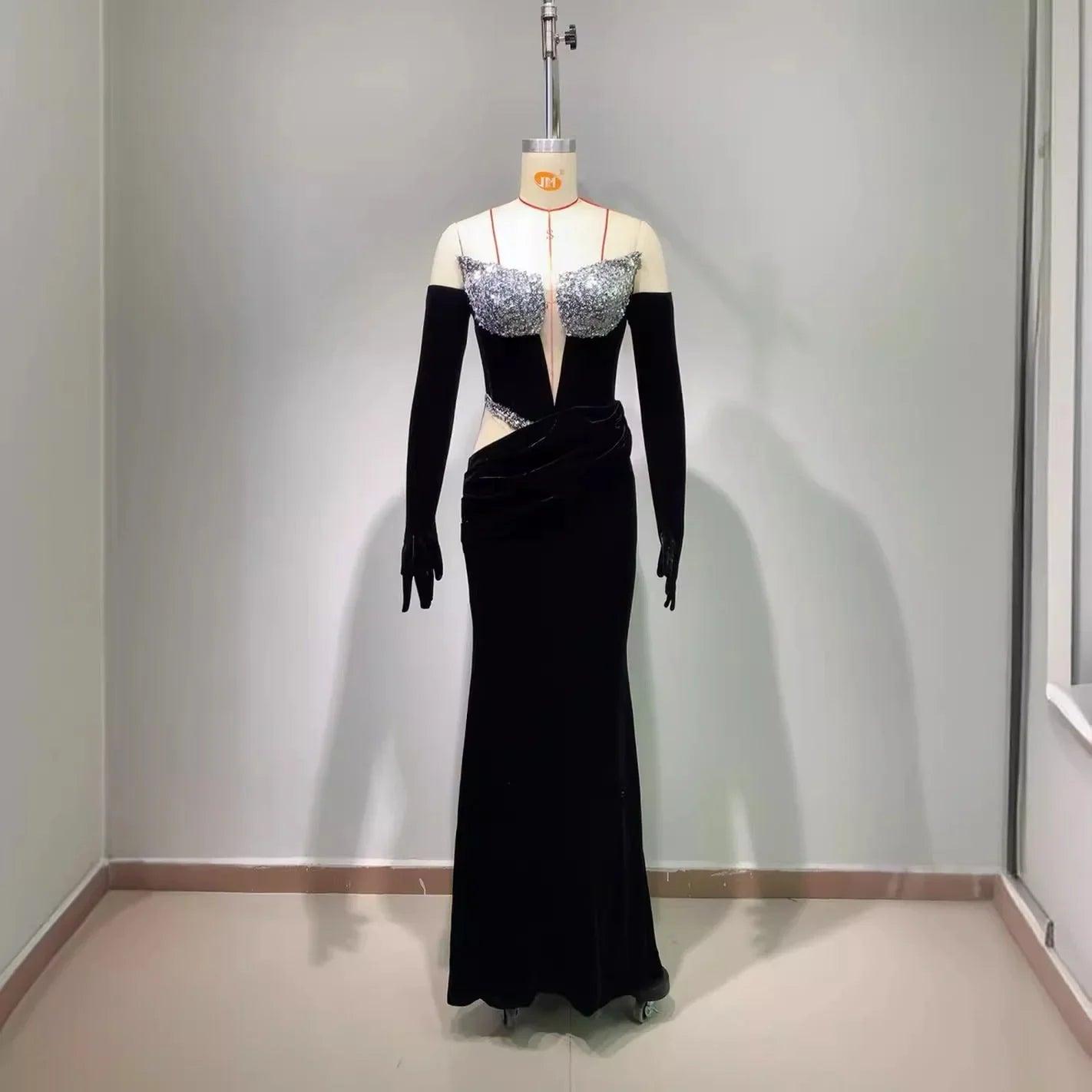 Gloves Hollow-out Low Cut Velvet Tube Top Dress Dinner Party