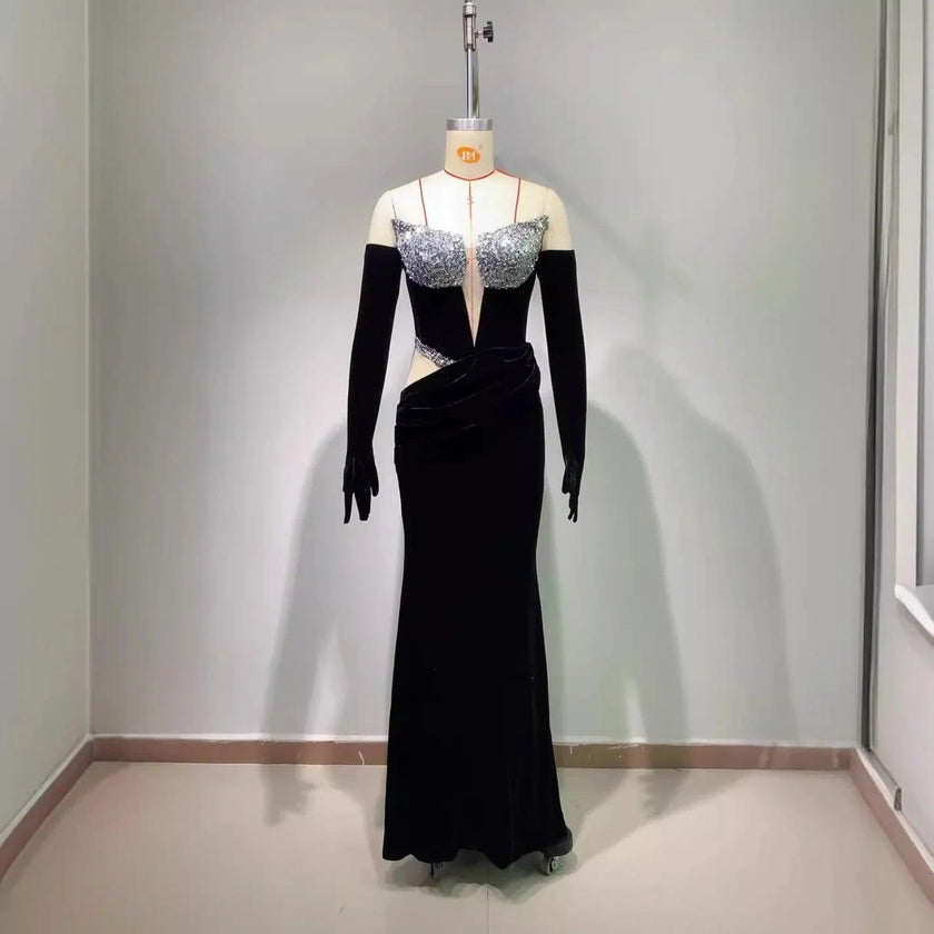 Gloves Hollow-out Low Cut Velvet Tube Top Dress Dinner Party