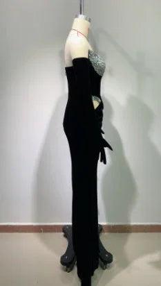 Gloves Hollow-out Low Cut Velvet Tube Top Dress Dinner Party