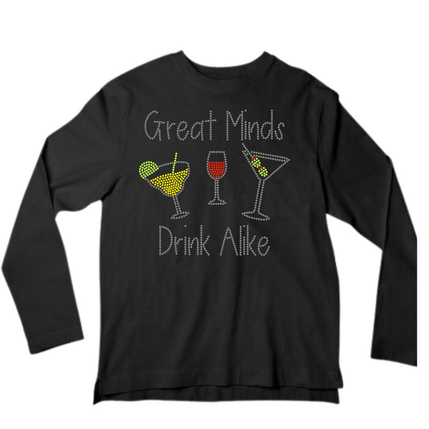 Great Minds Drink Alike Rhinestone Shirt – Funny Wine Sparkle Bling Tee | Blingdazzel