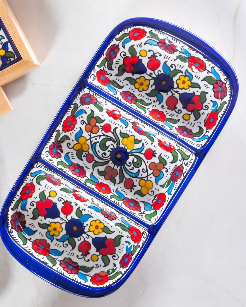 Triple Ceramic Serving Platter – Hand-Painted in Palestine
