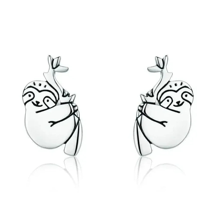 Adorable Sloth Stud Earrings In Sterling Silver - Cute Animal Jewelry