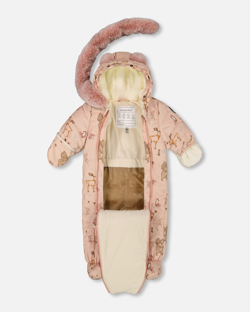 One-Piece Baby Layette Snowsuit Designed For Car Seat Pink Printed Animal