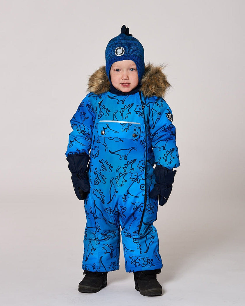 One-Piece Baby Play Snowsuit Designed For Car Seat Blue Gradient Dinosaur Print