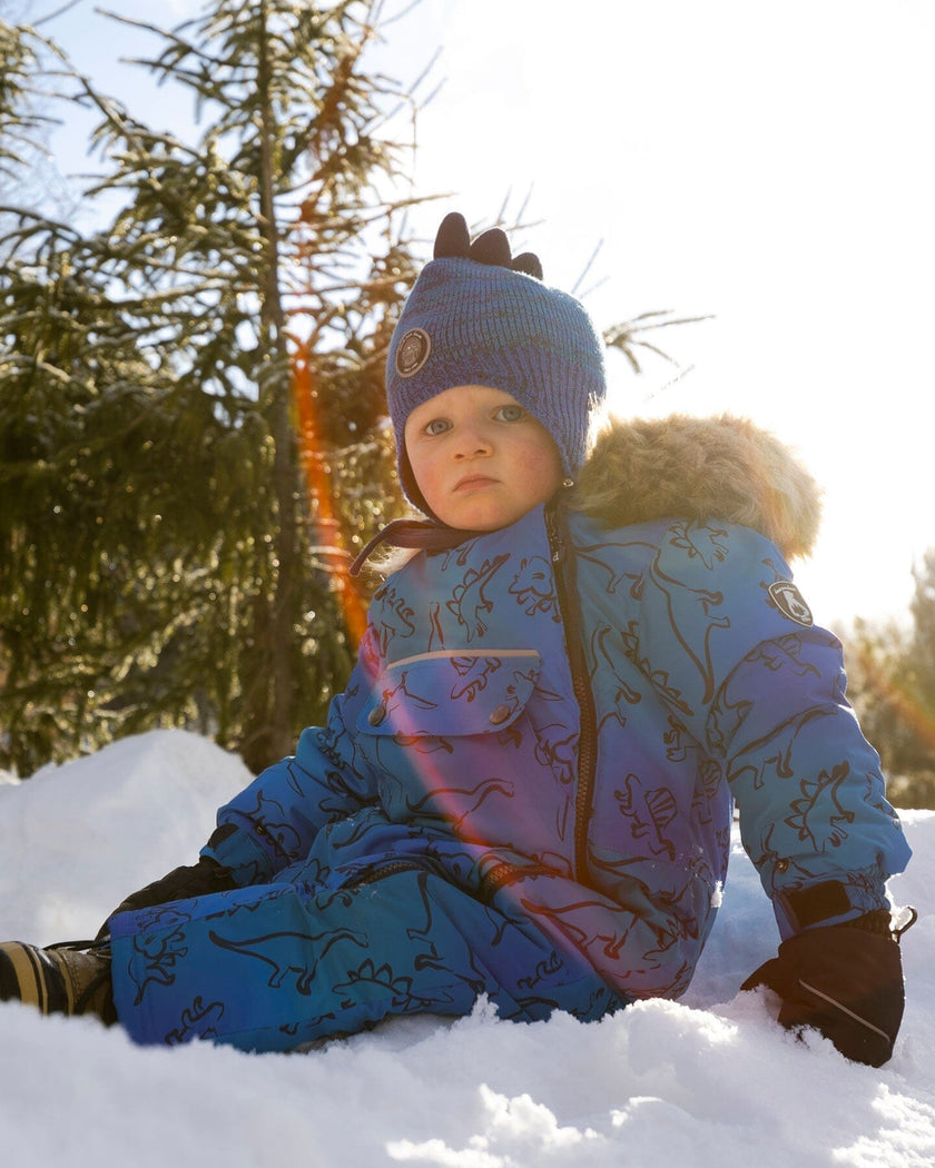 One-Piece Baby Play Snowsuit Designed For Car Seat Blue Gradient Dinosaur Print