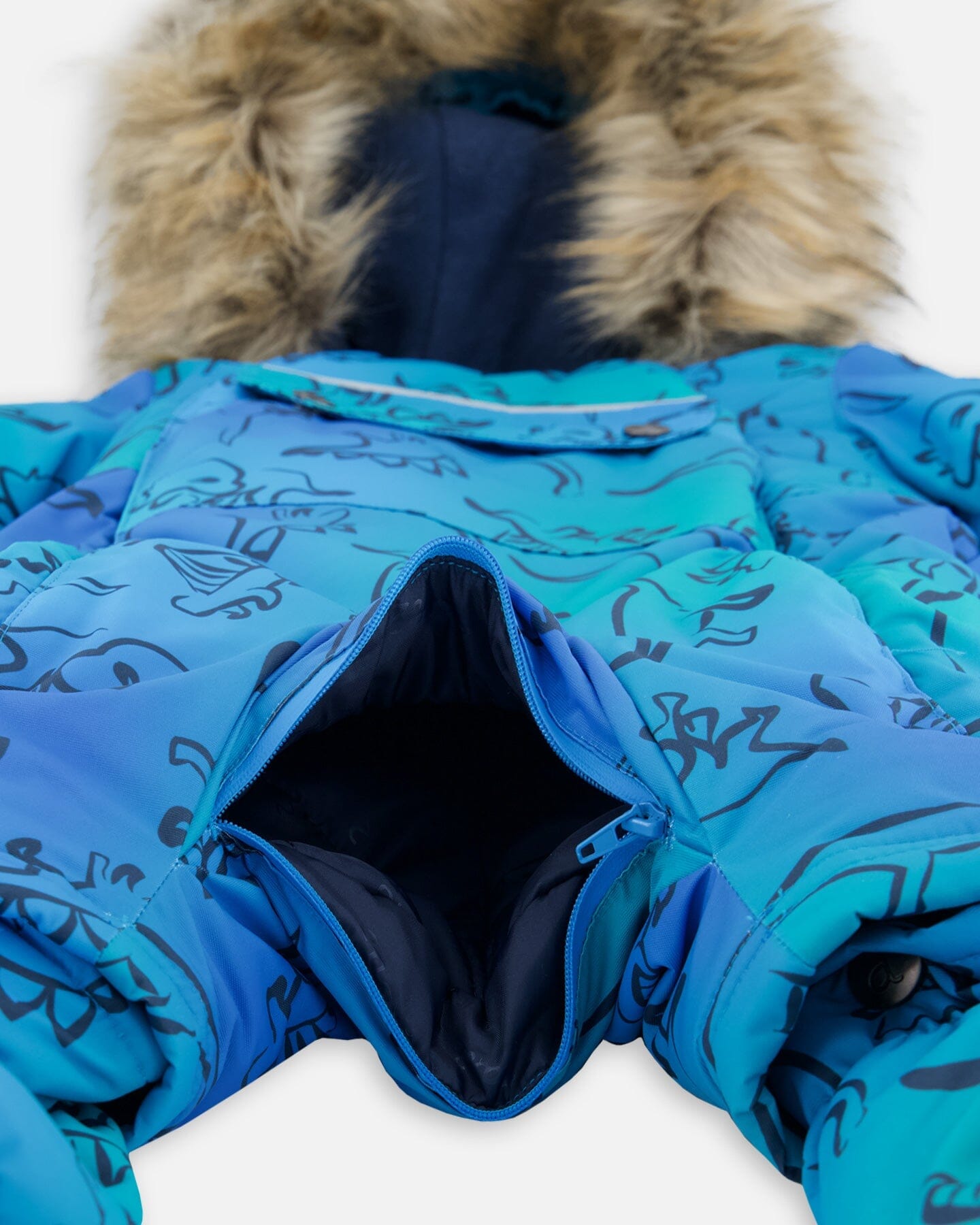 One-Piece Baby Play Snowsuit Designed For Car Seat Blue Gradient Dinosaur Print