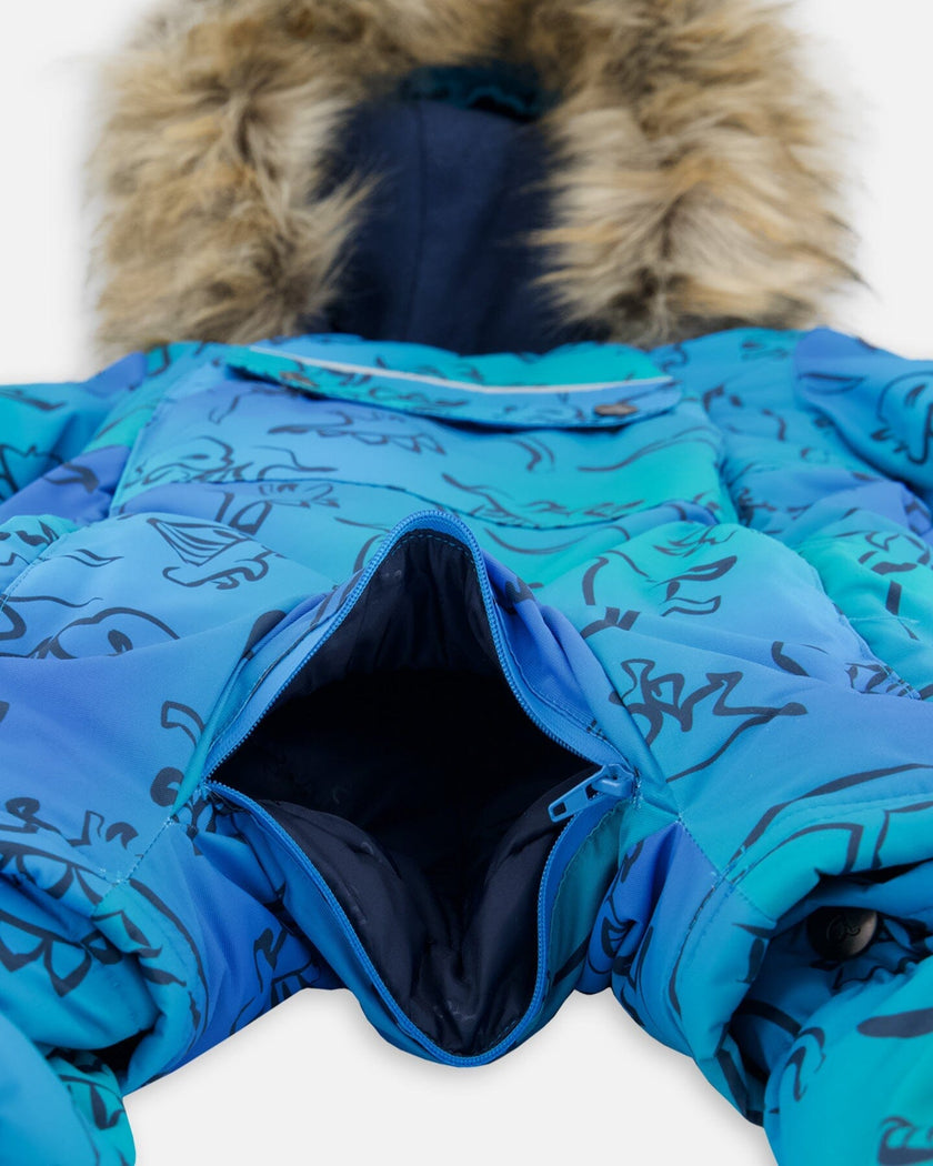 One-Piece Baby Play Snowsuit Designed For Car Seat Blue Gradient Dinosaur Print