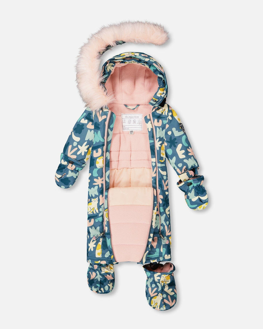 One-Piece Baby Play Snowsuit Designed For Car Seat Green Cat Print