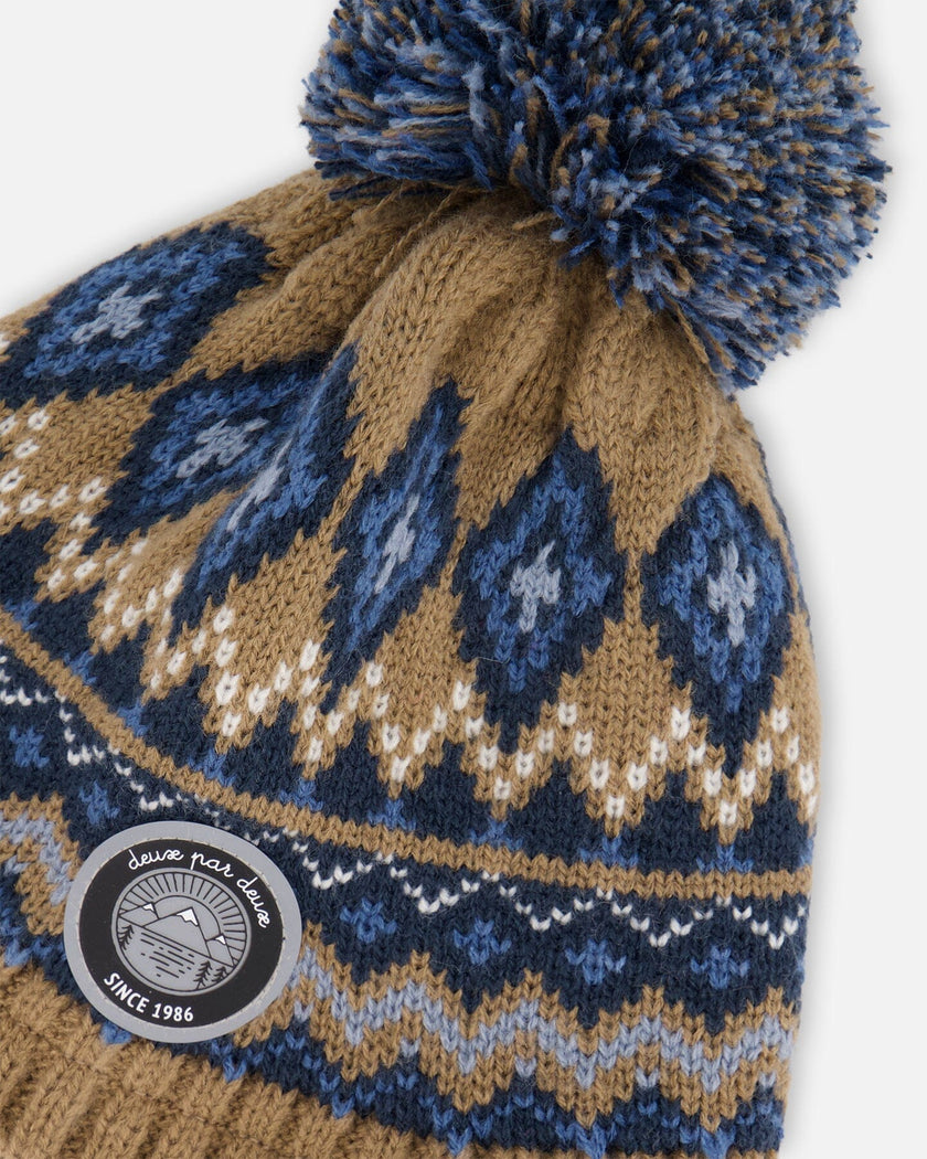 Lined Peruvian Knit Pompom Hat Taupe And Navy