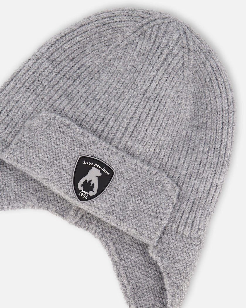 Lined Baby Knit Hat With Ears And Strings Heather Gray