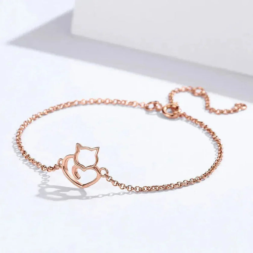 925 Sterling Silver Cat Heart Chain Bracelet