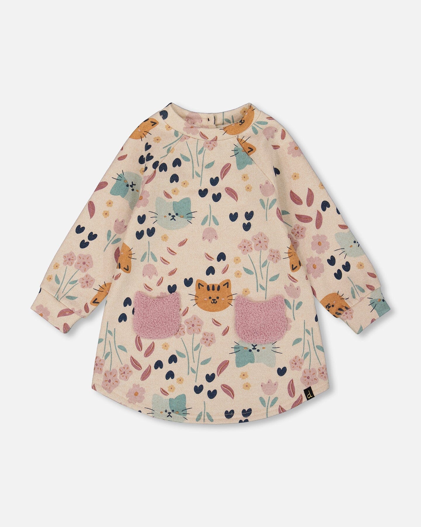 Glittering French Terry Dress Beige Printed Cat
