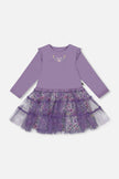 Bi-Material Dress With Muslin And Mesh Skirt Purple Gray