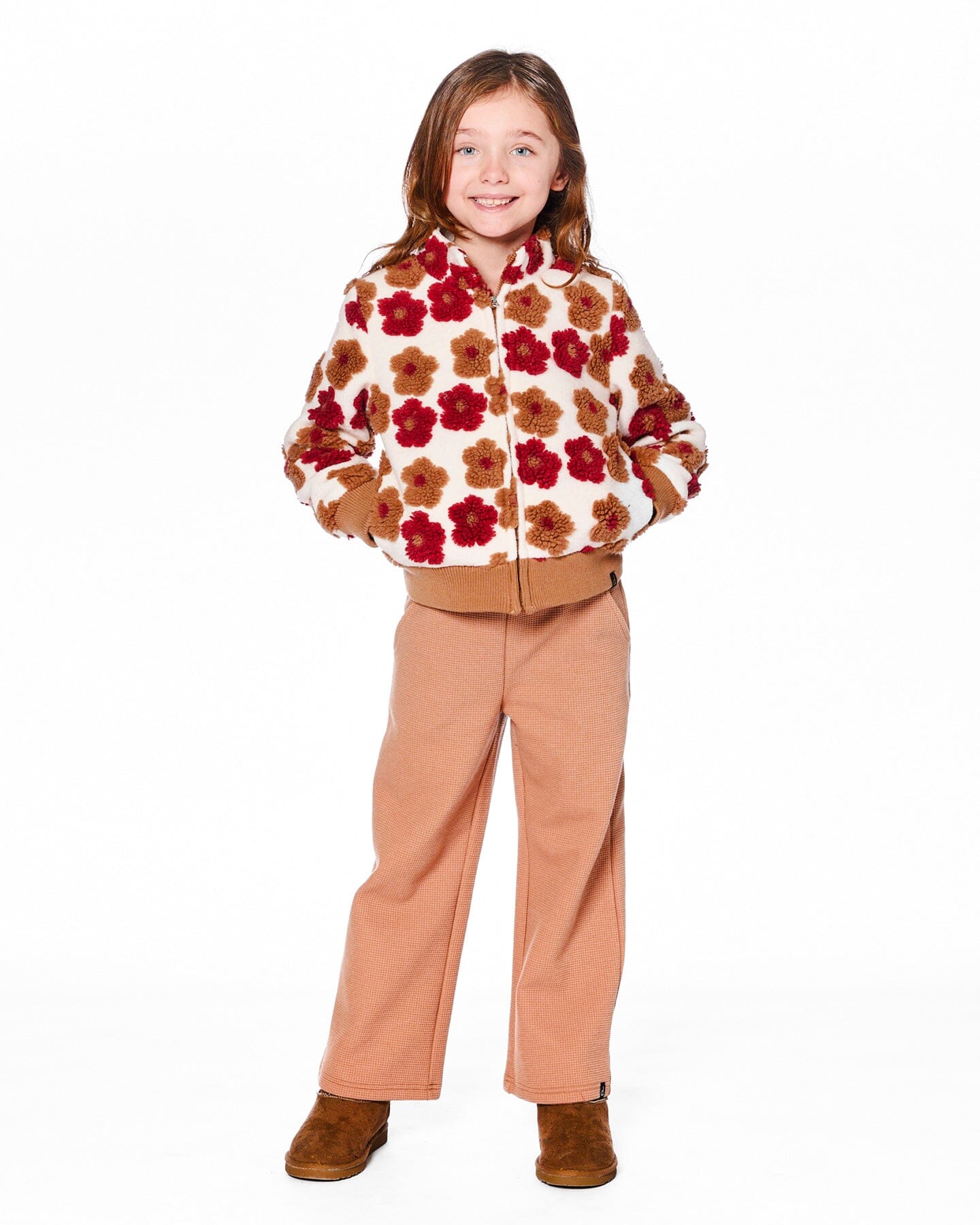 Full Zip Sherpa Jacket With Jacquard Floral Pattern Beige And Red