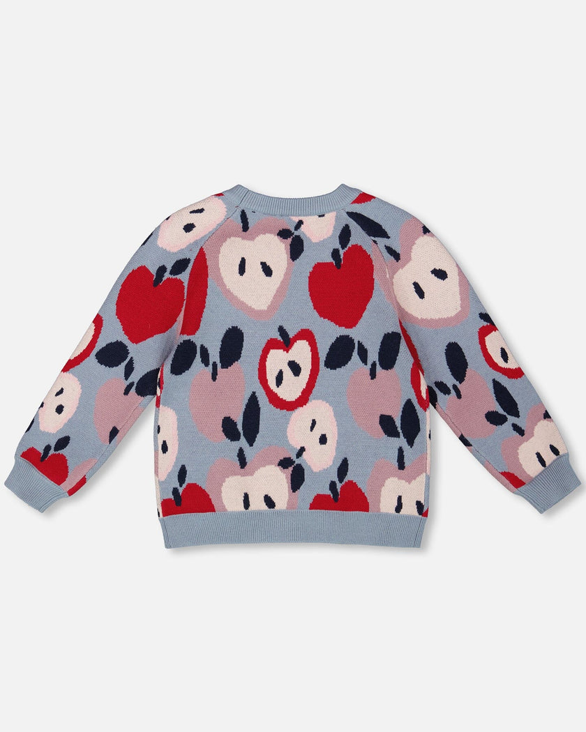 Knit Sweater Blue And Red With Apple Heart Jacquard