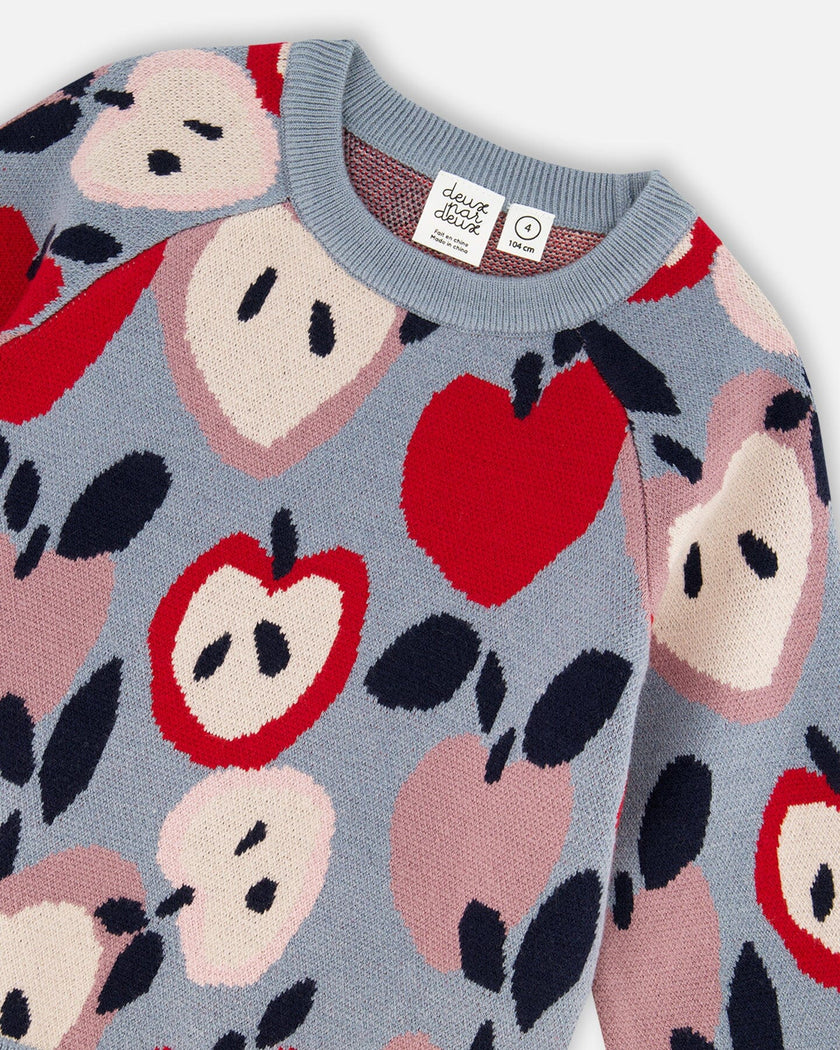 Knit Sweater Blue And Red With Apple Heart Jacquard