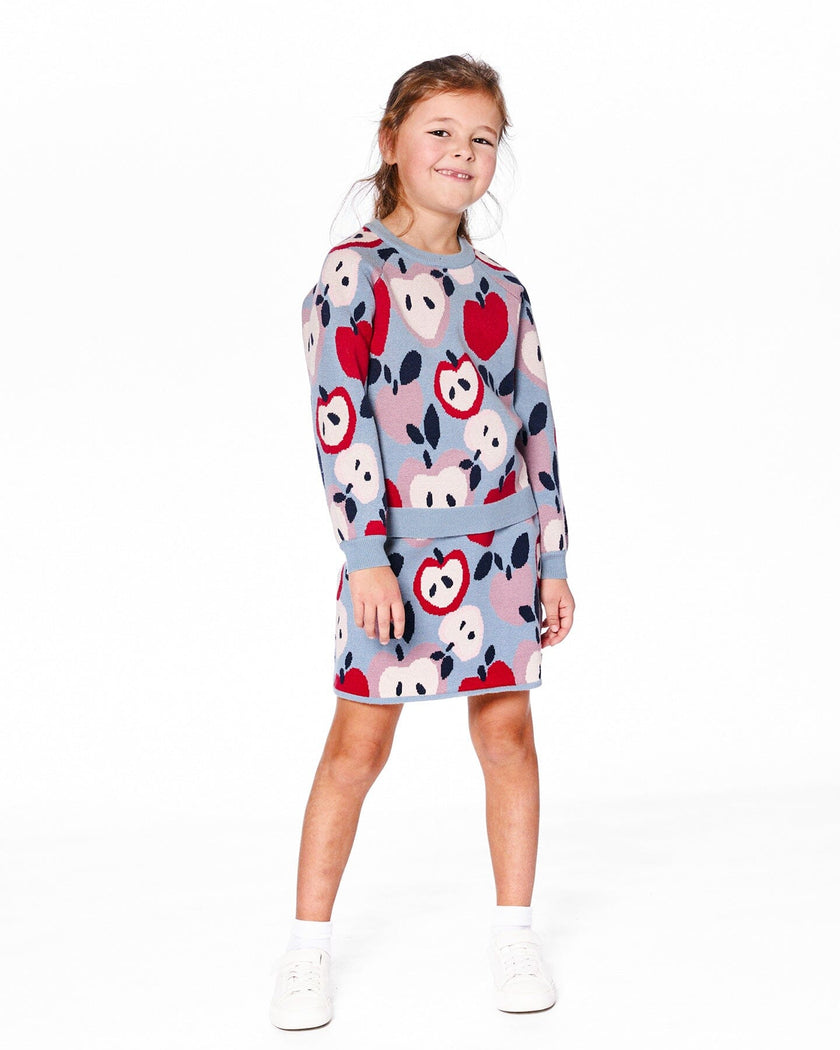 Knit Skirt Blue And Red With Apple Heart Jacquard