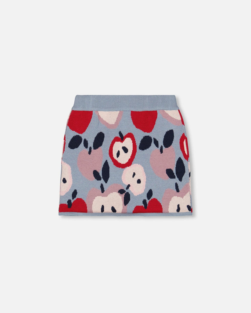 Knit Skirt Blue And Red With Apple Heart Jacquard