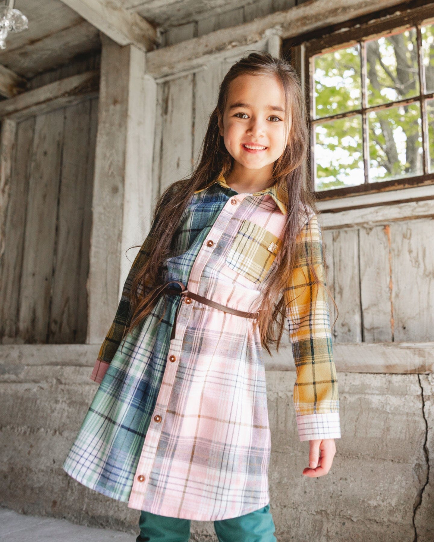 Shirt Dress With Belt Green Pink And Yellow