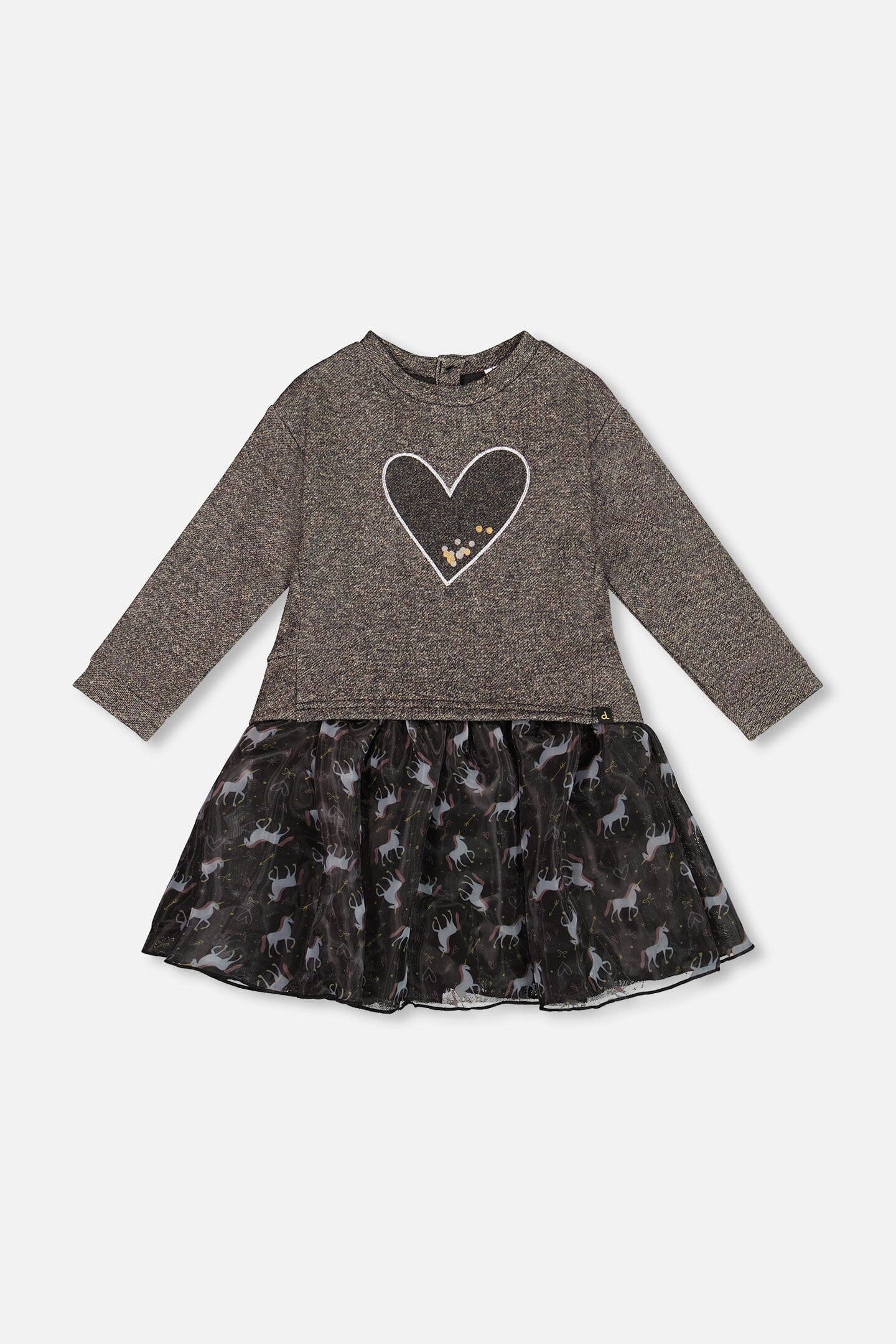Bi-Material Dress Black With Mesh Skirt And Heart