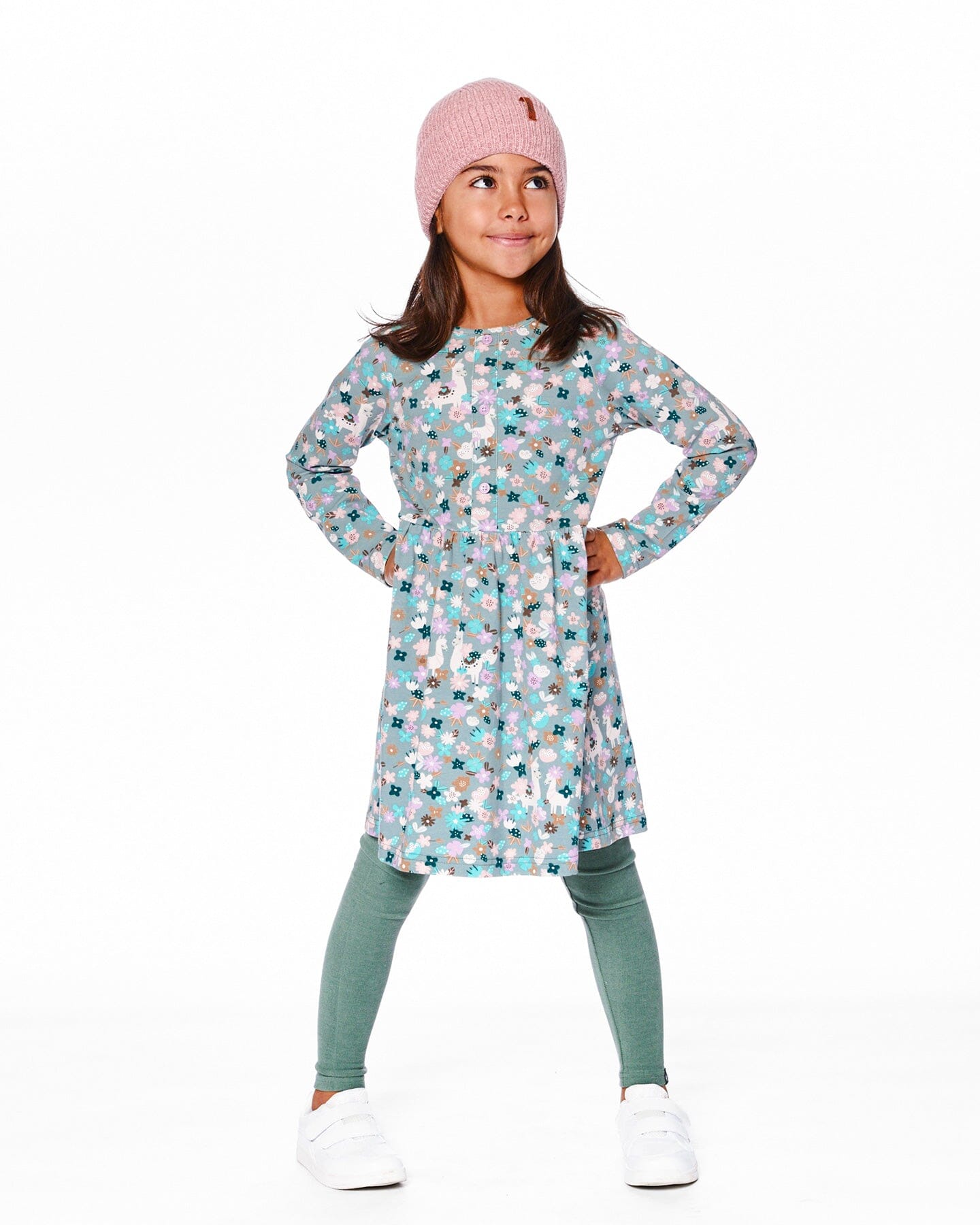 Half Button Organic Cotton Dress Blue Llama Print