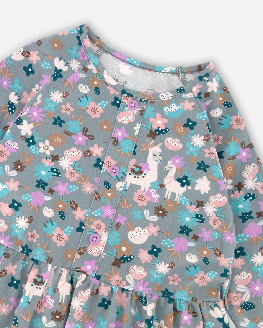 Half Button Organic Cotton Dress Blue Llama Print