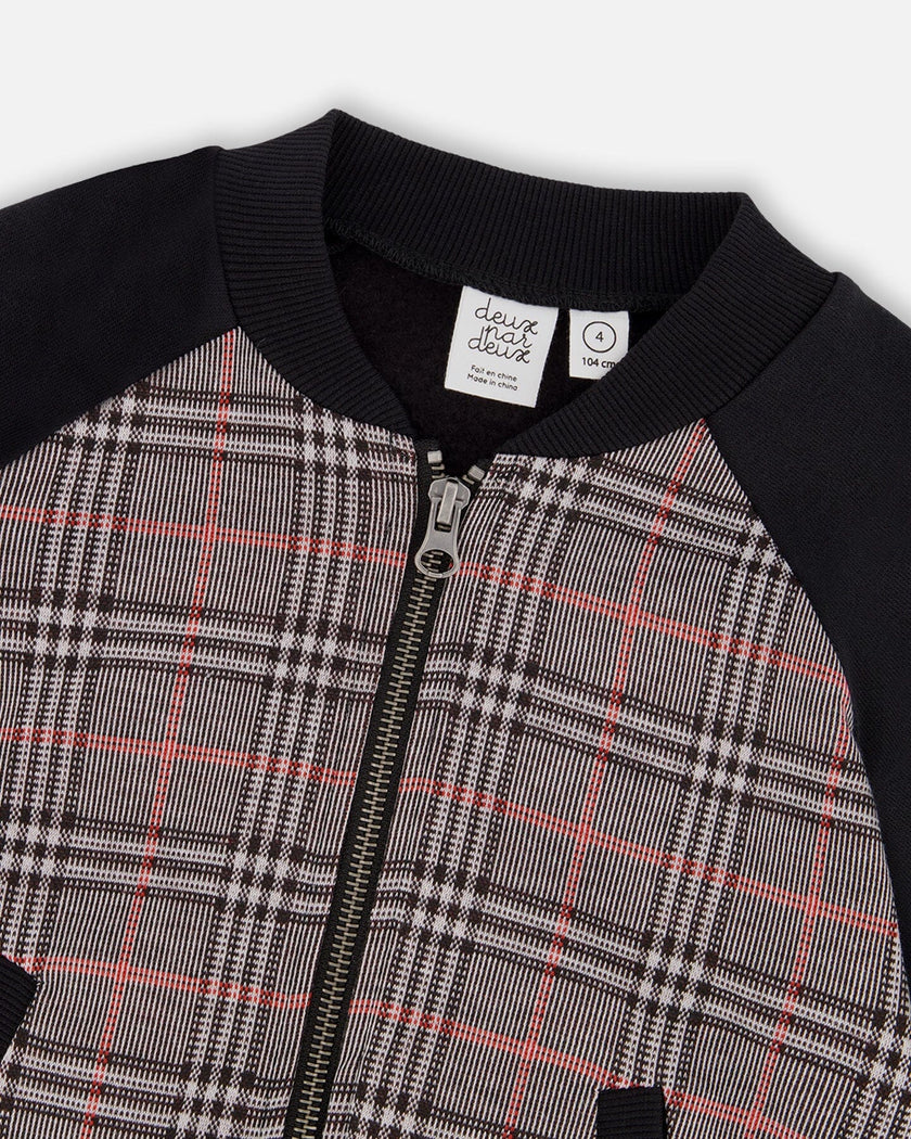 Bi-Material Zip Front Jacket Gray And Black Plaid