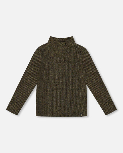 Shiny Rib Mock Neck Top Black And Gold