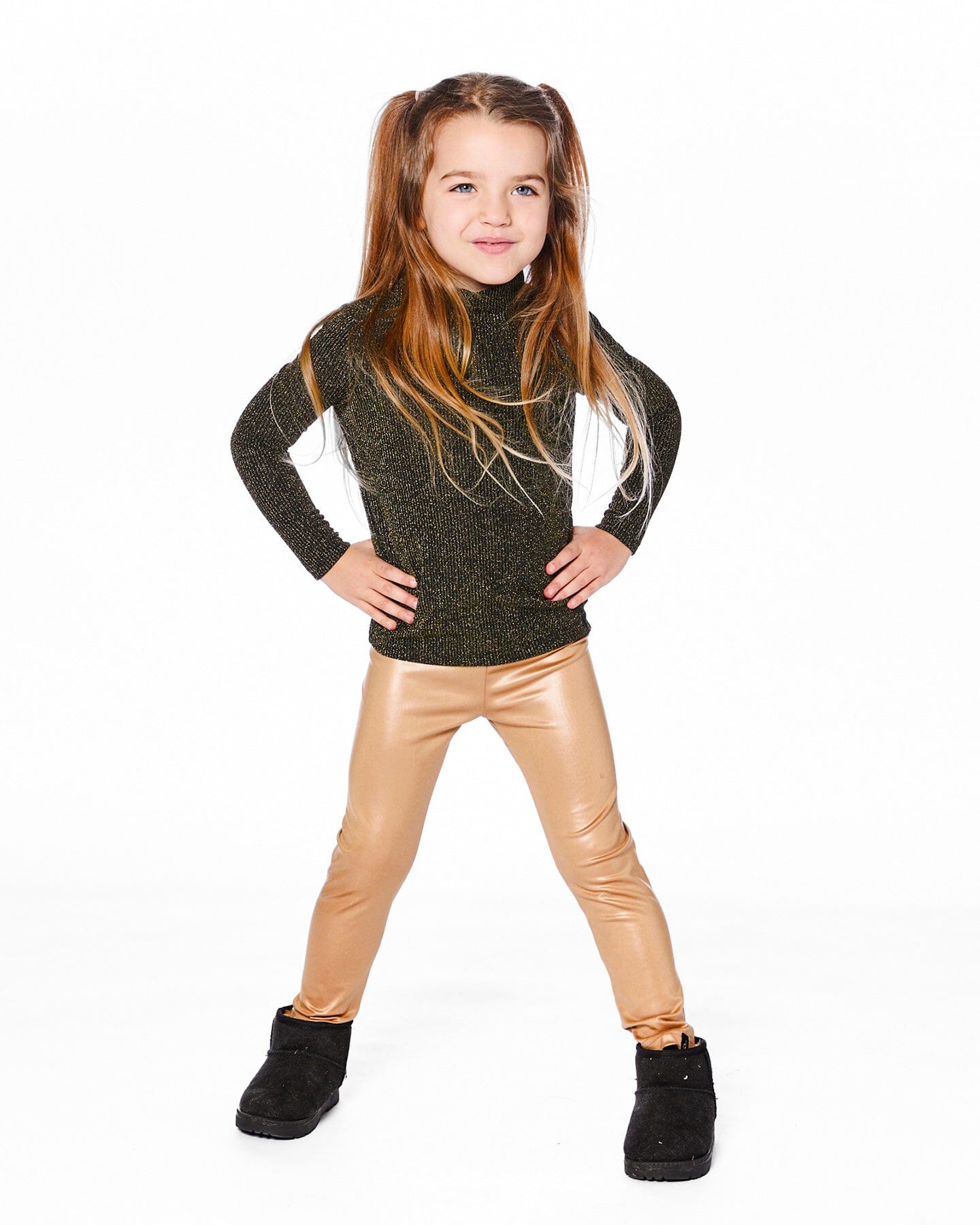 Shiny Rib Mock Neck Top Black And Gold