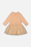 Bi-Material Dress With Glittering Skirt Beige