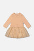 Bi-Material Dress With Glittering Skirt Beige