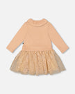 Bi-Material Dress With Glittering Skirt Beige