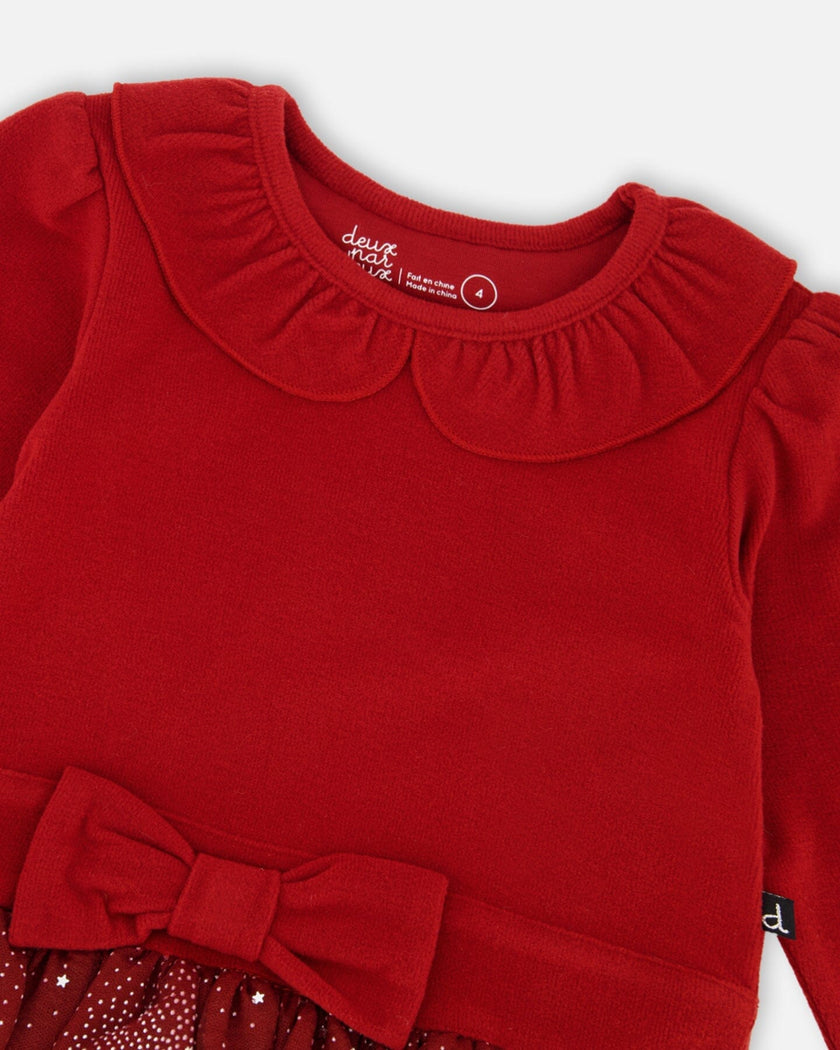 Bi-Material Dress With Glittering Skirt Red