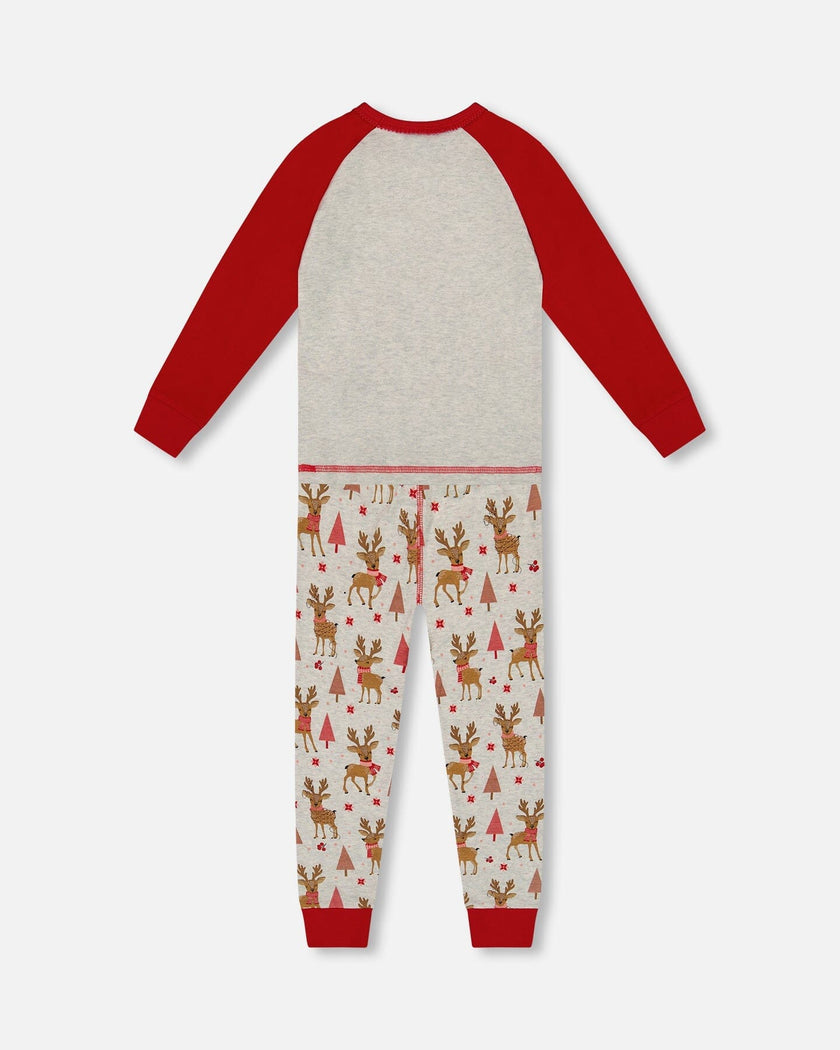 Organic Cotton Two-Piece Pajamas Beige Girly Reindeer Print