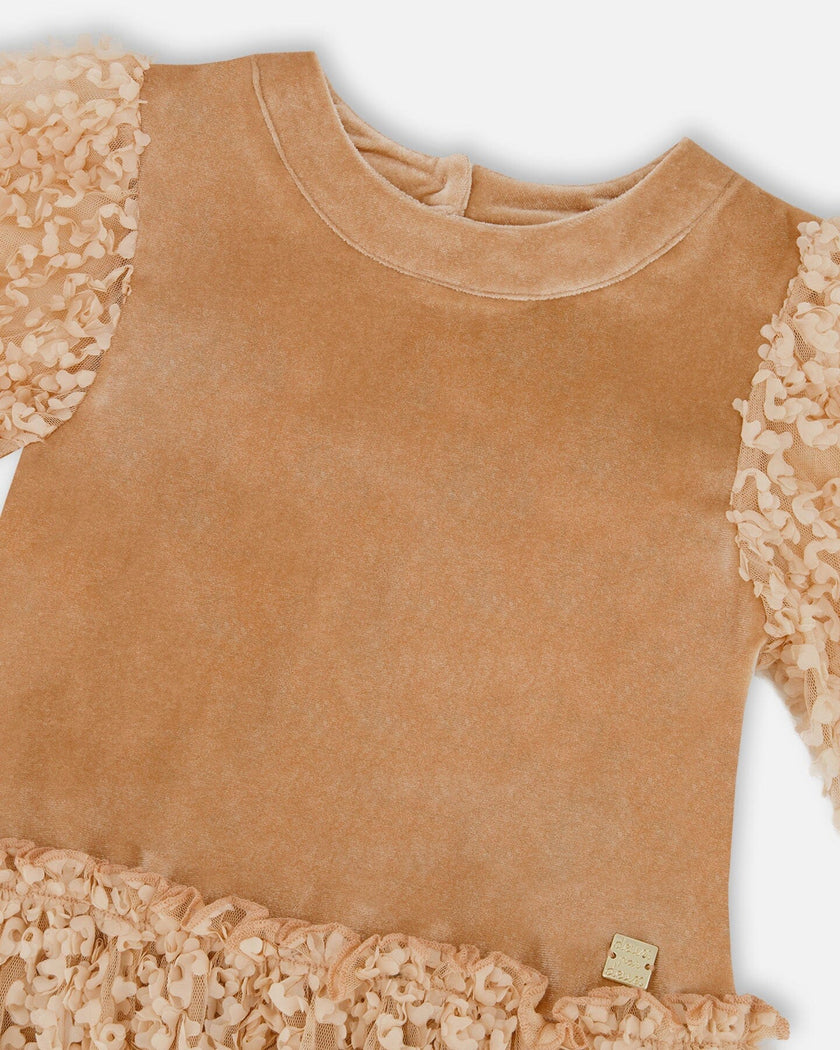 Puff Sleeve Bi-Material Velour And Lace Dress Light Caramel