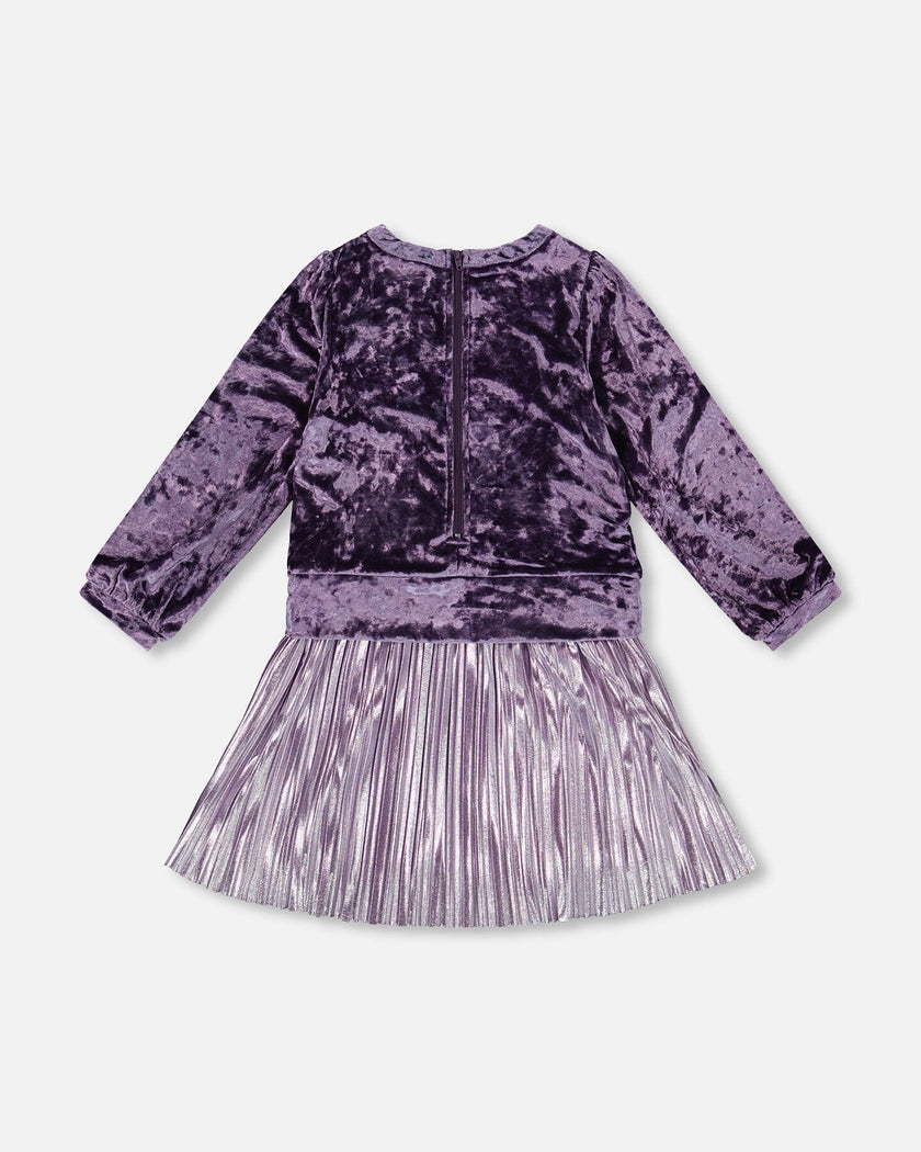 Long Sleeve Bi-Material Velour And Jersey Dress Purple Gray