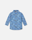 Printed Long Sleeve Button Front Chambray Shirt Blue