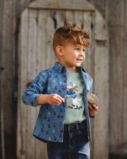 Printed Long Sleeve Button Front Chambray Shirt Blue