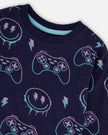 Long Sleeve Organic Cotton Allover Print Tee Navy Blue