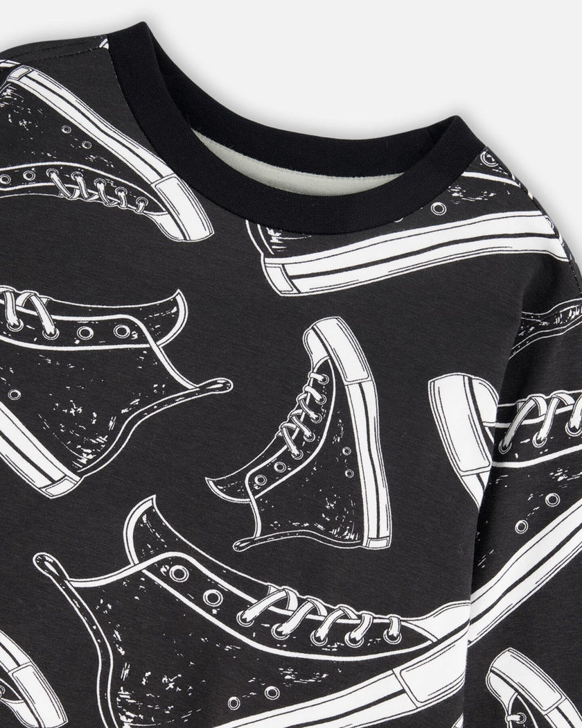 Long Sleeve Organic Cotton Allover Print Tee Black