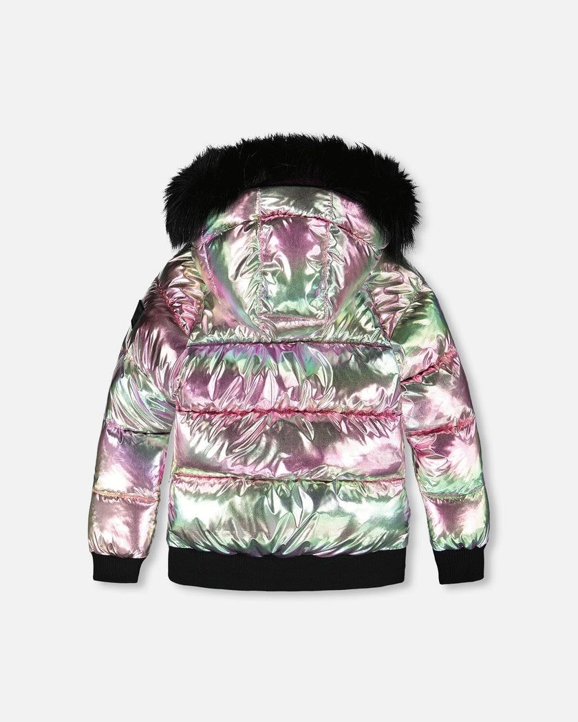 Multicolor Metallic Quilted Bomber-Style Winter Coat