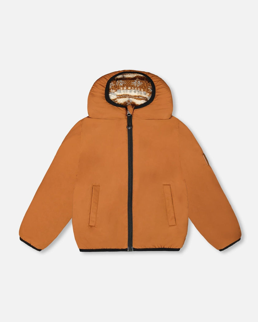 Reversible Mid-Season Sherpa Jacket Brown Aztec Pattern