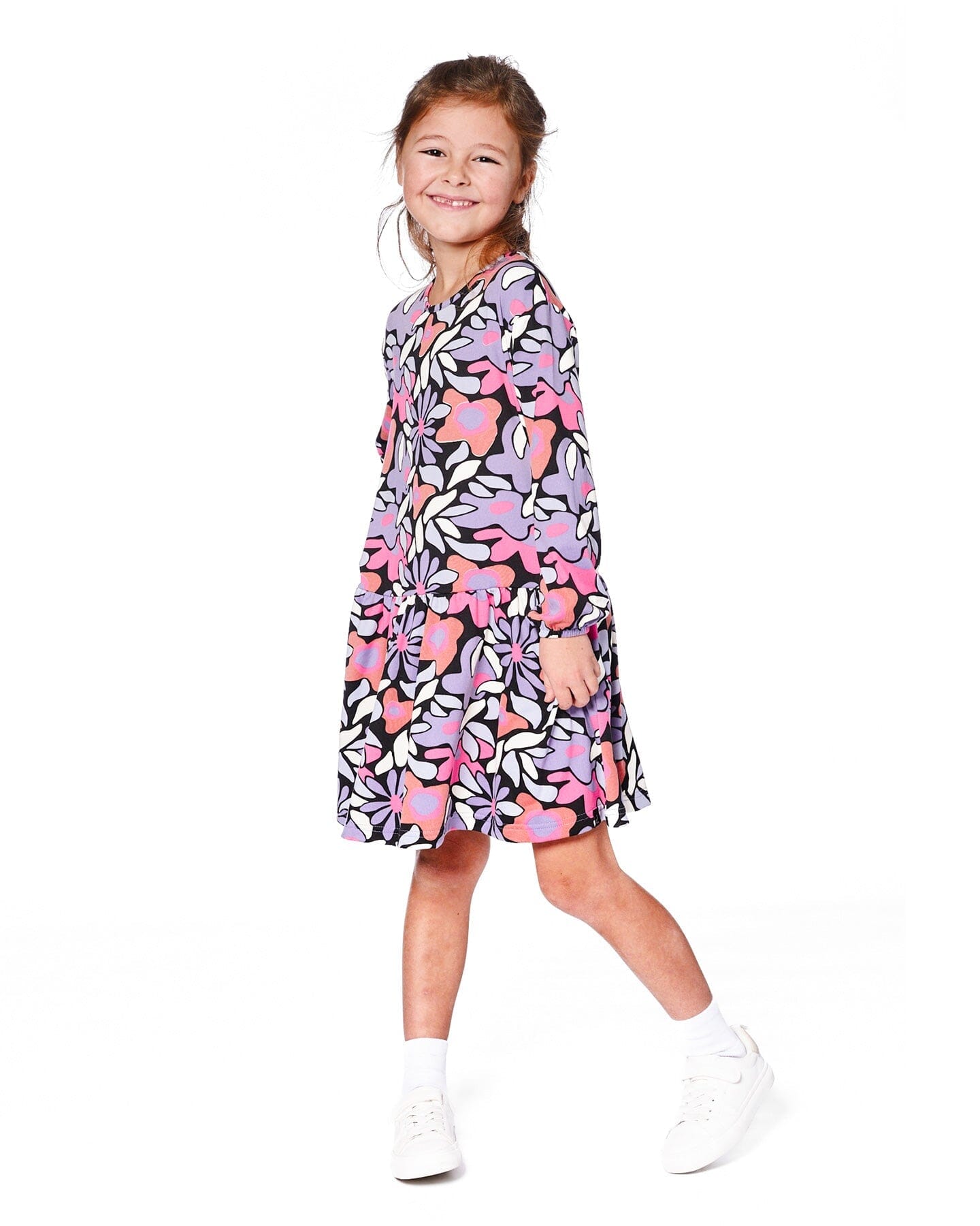 Jersey Dress Black Retro Flower Print