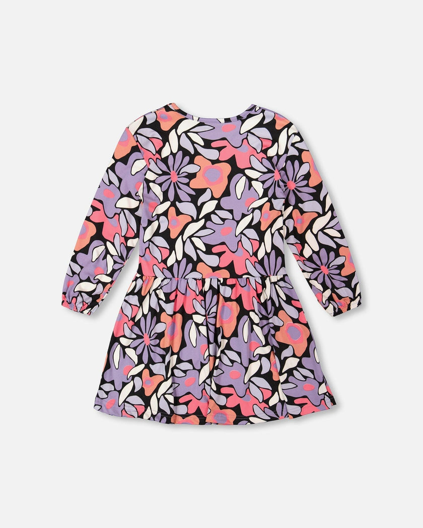 Jersey Dress Black Retro Flower Print